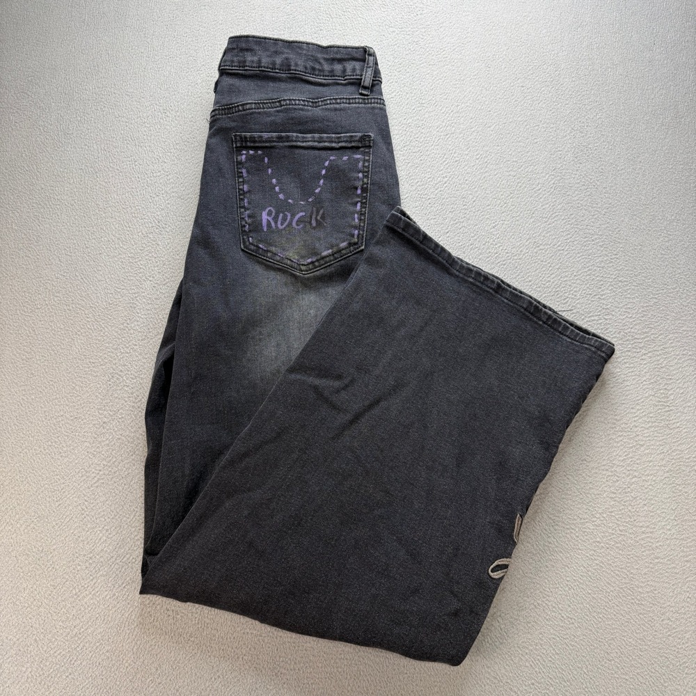 Almost Famous Bow Embroidered Wide Leg Baggy Jeans Women 9 Black Faded Denim Y2K